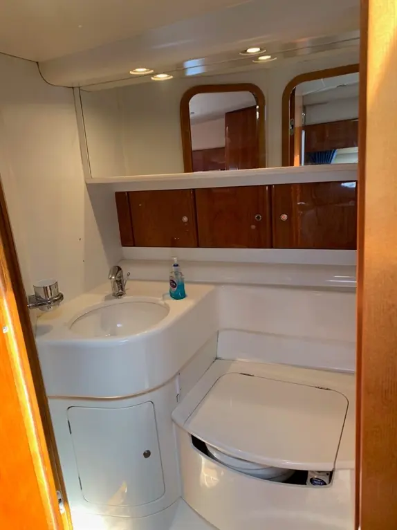 Compact boat bathroom featuring a sink, mirror, storage cabinets, and a marine toilet with cleaning supplies visible.